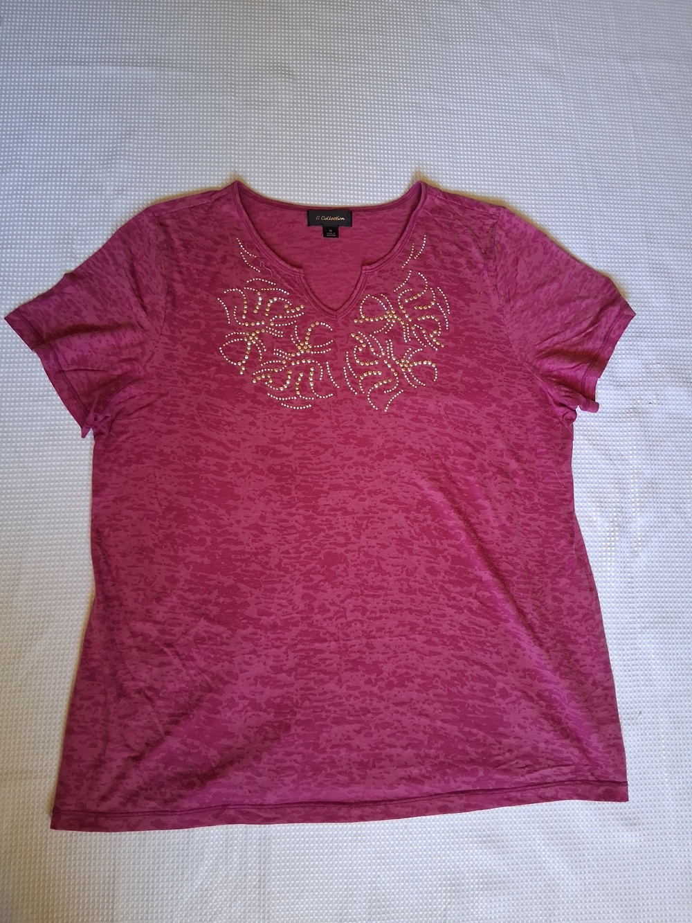 G Collection Raspberry Pink Short-Sleeve V-Neck Tee with Rhinestone Detail